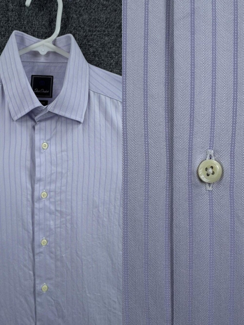 David Donahue 16 34/35 Men Logo Purple White Cotton Striped Trim Business Shirt